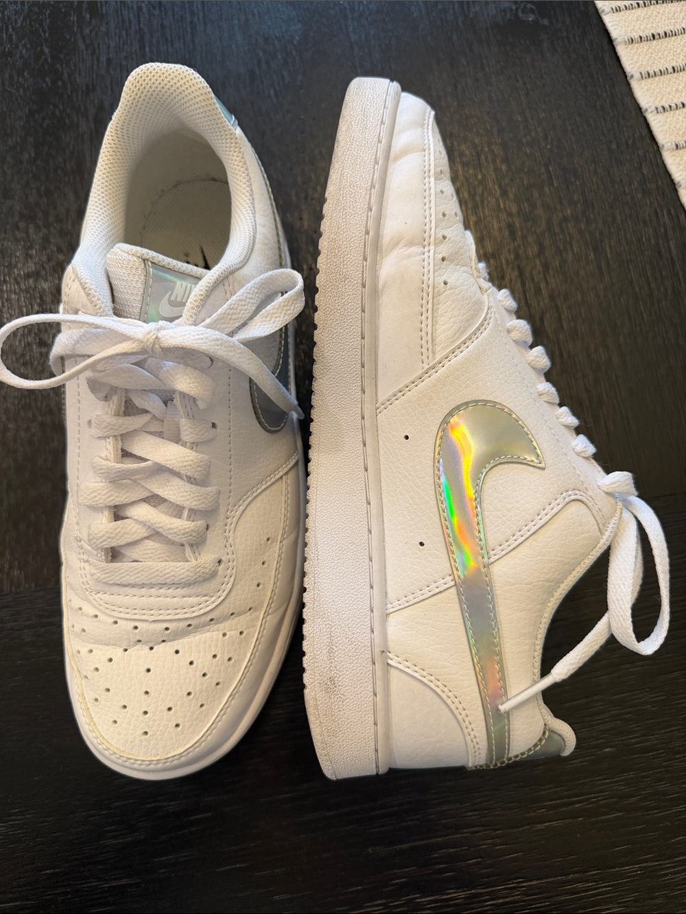 Nike White Sneakers with Iridescent Holographic Swoosh